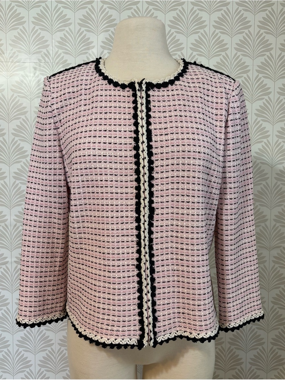 St. John Pink Crochet-Trim Open Front Jacket